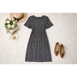 Vintage Prairie Midi Dress Black Floral Cottagecore Modest Tea Dress Pockets